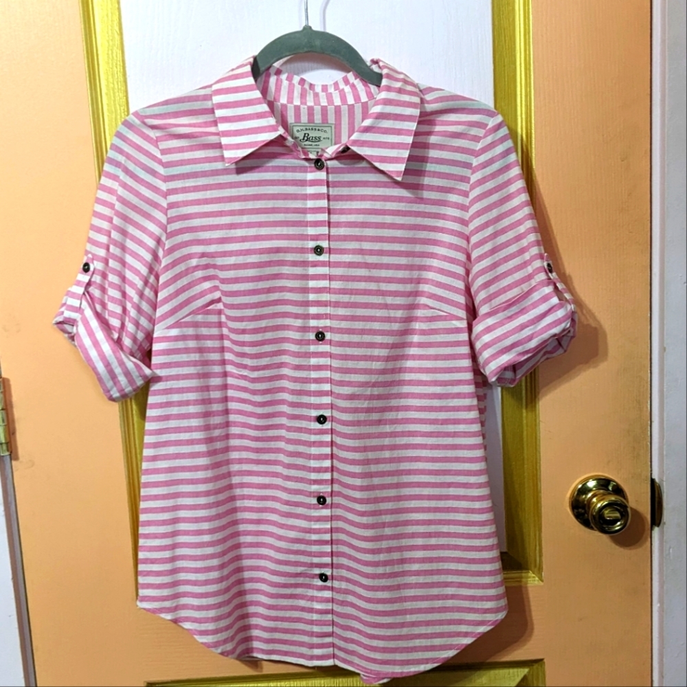 Vintage Bass button down, short sleeved, pink and white striped collared shirt